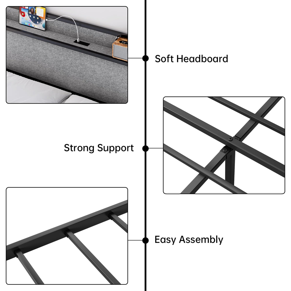 Queen Size Bed Frame with 2 Drawers and Shelf Headboard, Charging Station