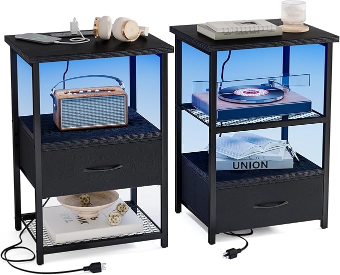 Night Stand Set of 2 with Charging Station, LED Nightstand
