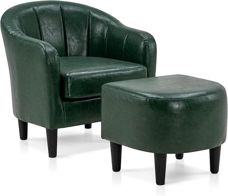 Accent Chair with Ottoman, Faux Leather Upholstered Barrel Chair Club Armchair