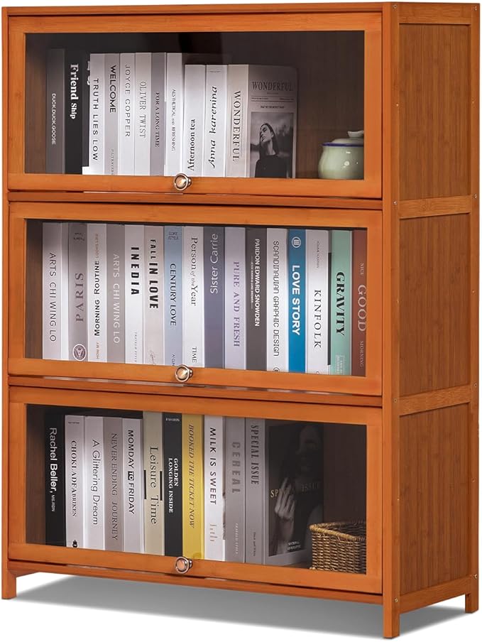 Bamboo 4-Tier Display Case Bookcase with Clear Acrylic Flip-Up Doors
