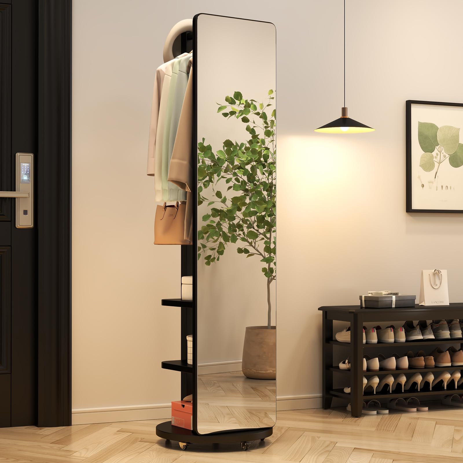 Wood Oversized Floor Mirror with Coat Rack, Full Body Mirror