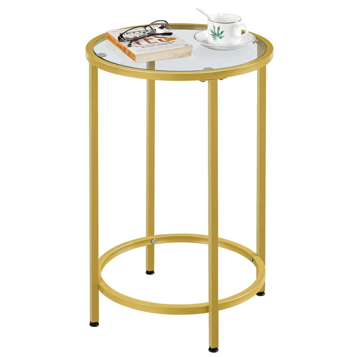 Round Accent Table Glass Top Sofa End Table w/Metal Frame, Protective Foot Pads