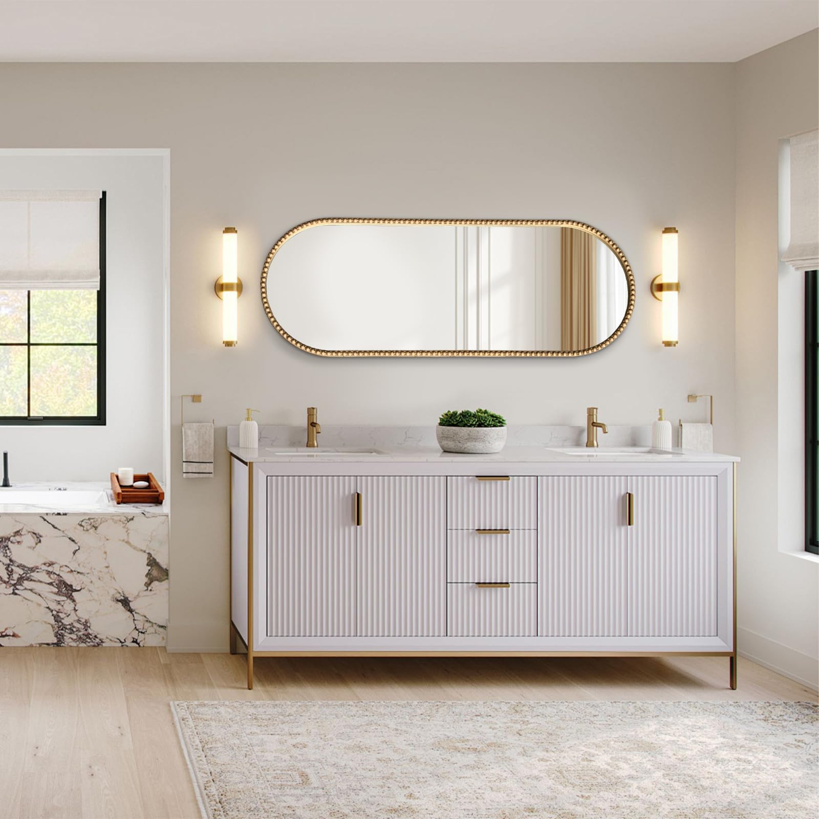 Antique Gold Oval Full Length Mirror - Vintage Beaded Wall Mounted 53"x20"