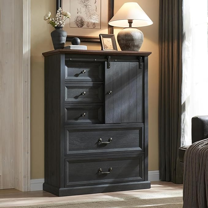 Farmhouse 5 Drawers Dresser for Bedroom, 47" Tall Chest of Drawers w/Sliding Barn Door,