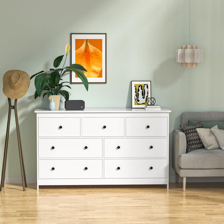 White Dresser for Bedroom, 7 Drawer Dresser with Wide Drawer and Metal Handles