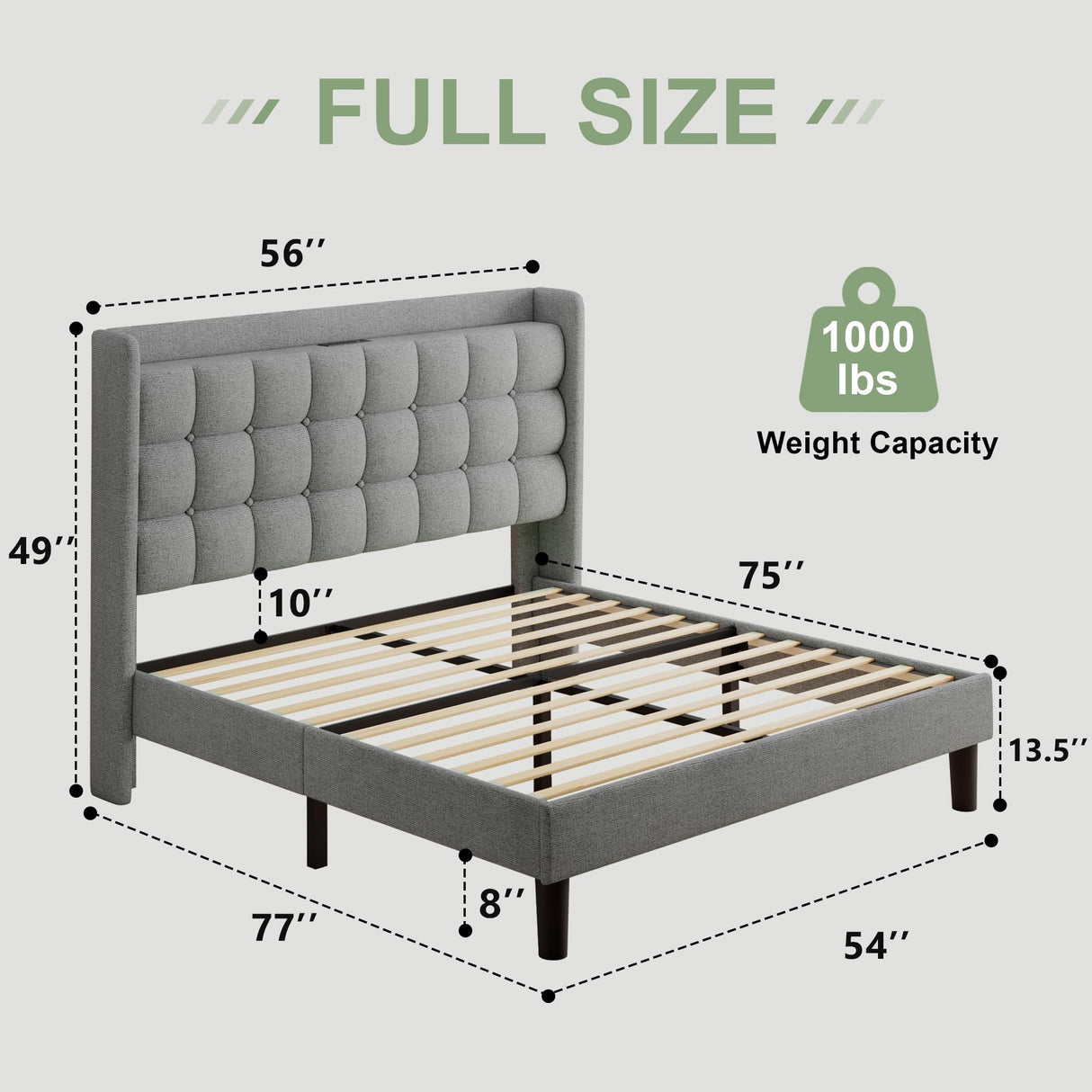 Full Size Bed Frame with Charging Station, Upholstered Platform Bed Frame