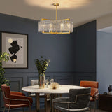 6-Light Modern Round Chandelier, Luxury Gold Drum Chandeliers, Water Ripple Glass