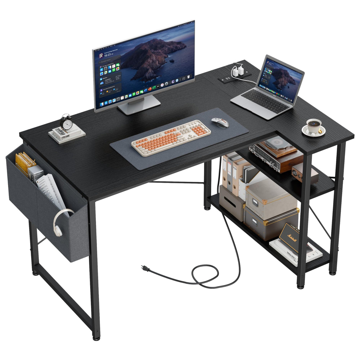 L Shaped Computer Desk with File Drawer & Power Outlet, 39 Inch Home Office Desk Corner Desk for Small Space, Bedroom Work, Black