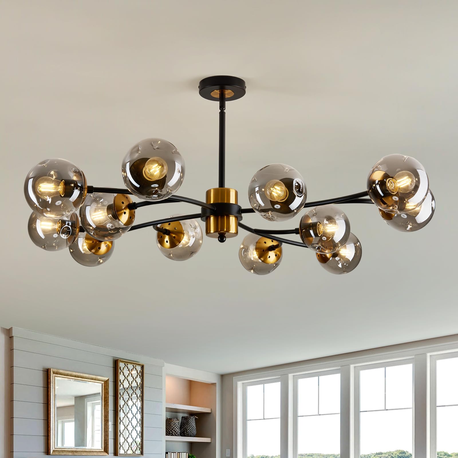 12-Light Sputnik Chandelier with Glass Globe - Mid Century Modern Black & Gold