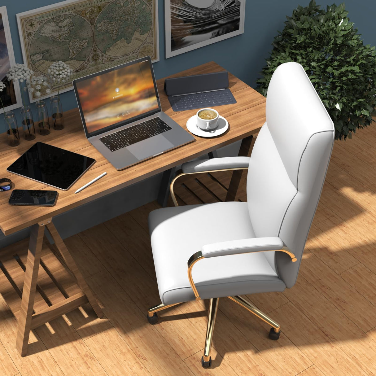 Executive Office Chair, White Leather Office Chair with Arms and Wheels