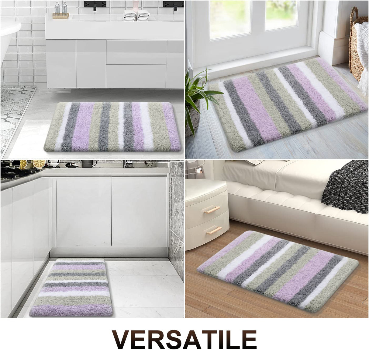 Buganda Microfiber Striped Bathroom Rugs Bath Mat, Extra Thick, Soft and Shaggy, Absorbent, Machine Washable, Anti-Slip Bath Rugs for Bathroom, Tub and Shower, 24x16, Purple-Grey