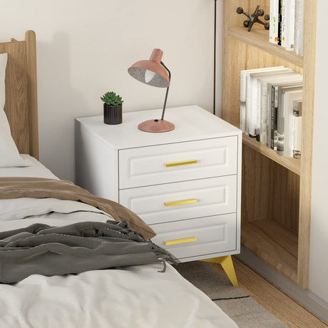 White Nightstand with 3 Drawers, Modern Night Stand with Gold Solid Metal Legs