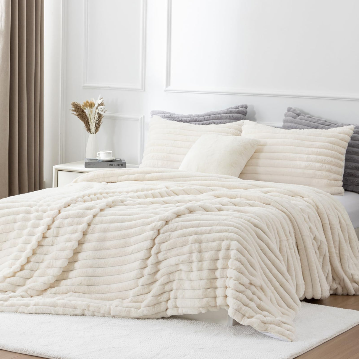 Night Stripes Fleece Queen Comforter Set -Super Soft & Warm Fluffy Bedding