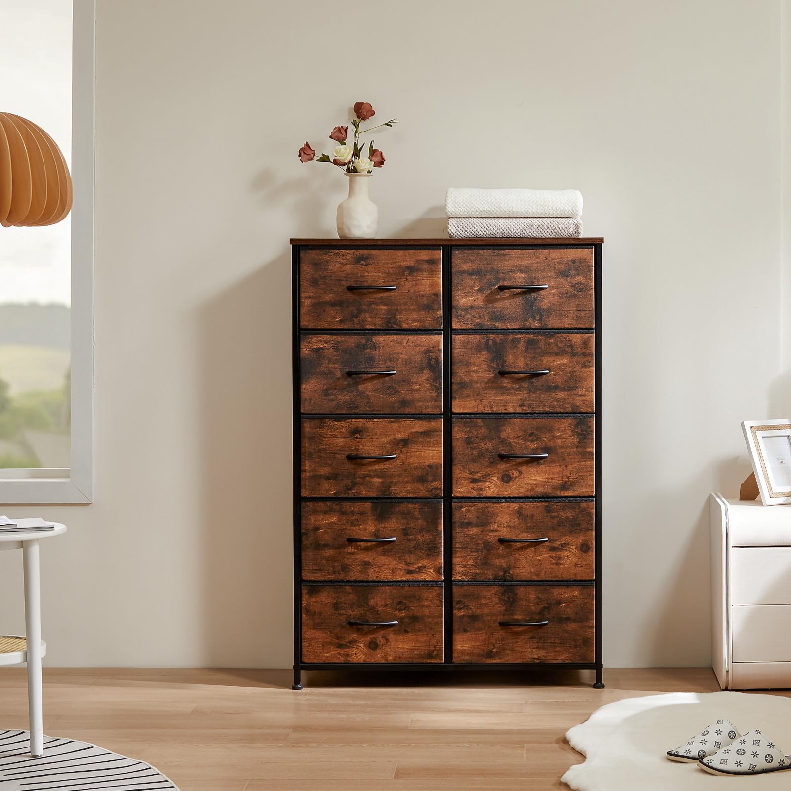 Dresser for Bedroom Storage Tower, Chest Fabric Bins Sturdy Metal Frame Wood Tabletop