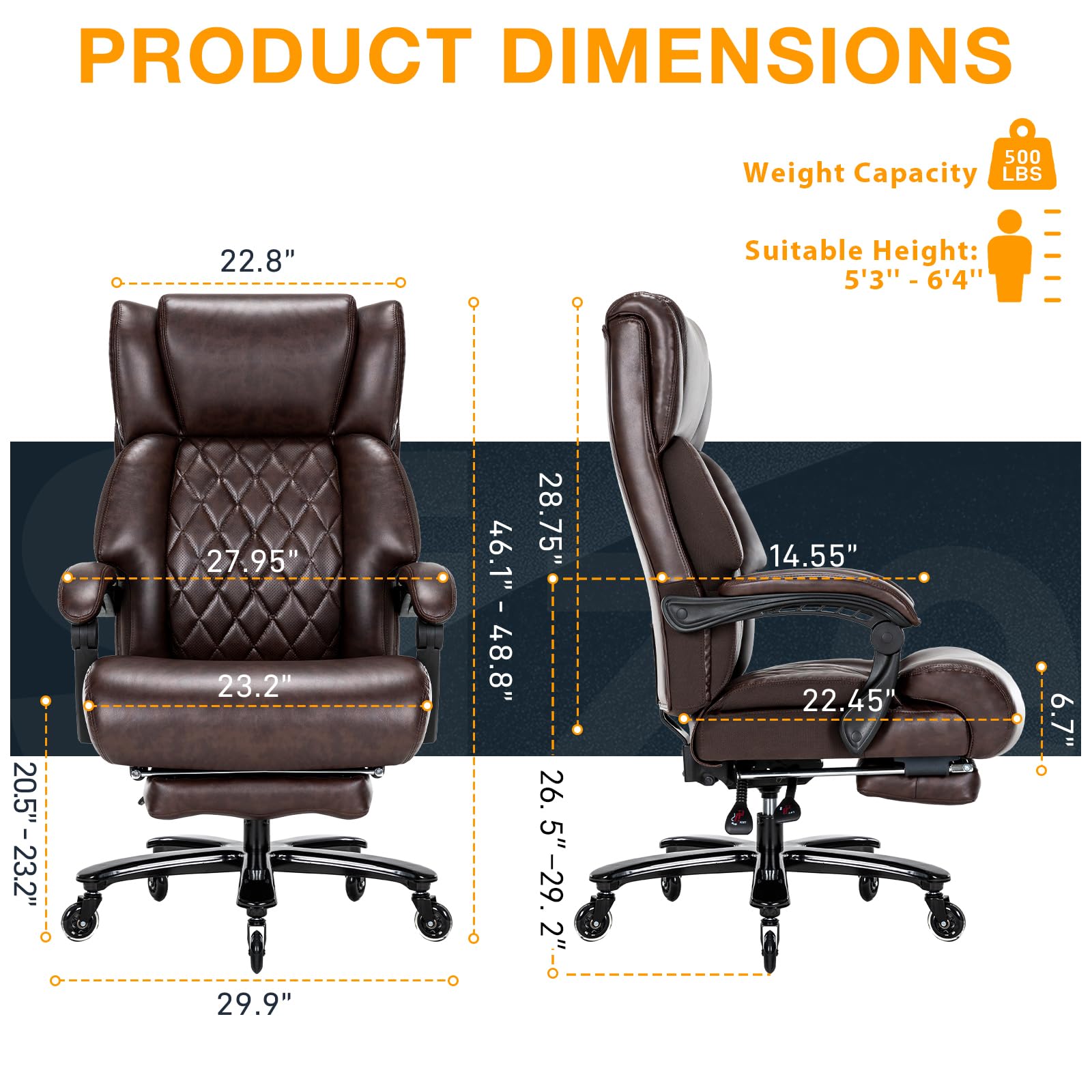 500 LBS Big and Tall Office Chair with Footrest - High Back Reclining Ergonomic Desk Chair
