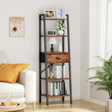 5 Tier Ladder Shelf with Drawer, Tall Bookshelf Storage Shelves, Bookcase Standing Shelf