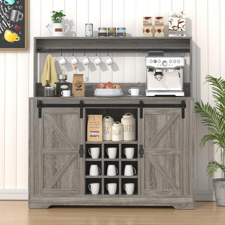 Coffee Bar Cabinet, Sliding Barn Door & Adjustable Shelves, 47" Farmhouse Coffee Bar