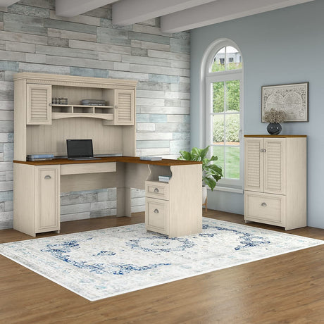 Fairview L Shaped Desk with Hutch and Storage Cabinet with File Drawer