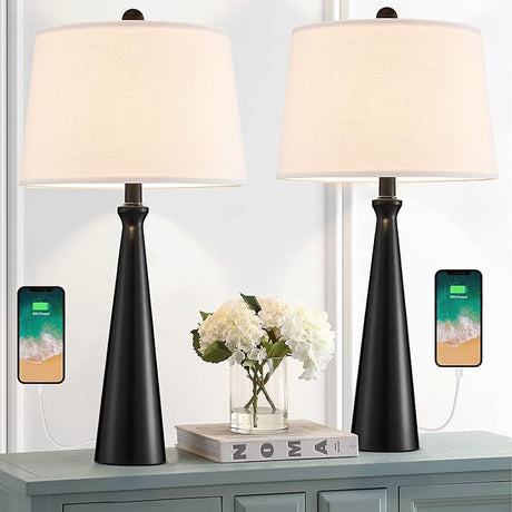 25.75” Modern Table Lamps with USB Port Set of 2 Accent Gold Nightstand Lamp