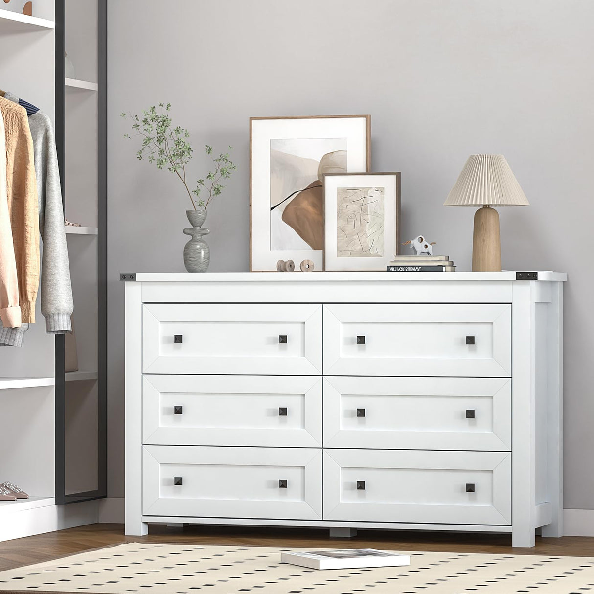 White 6 Drawers Dresser for Bedroom,Wood Farmhouse Storage Chest