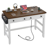 Small Computer Desk with 2 Wood Drawers & a Side Pocket, Small Desk for Bedroom with Power Outlets, Farmhouse Home Office Desks, 31.5" Writing Desk, Study Desk, Brown+White