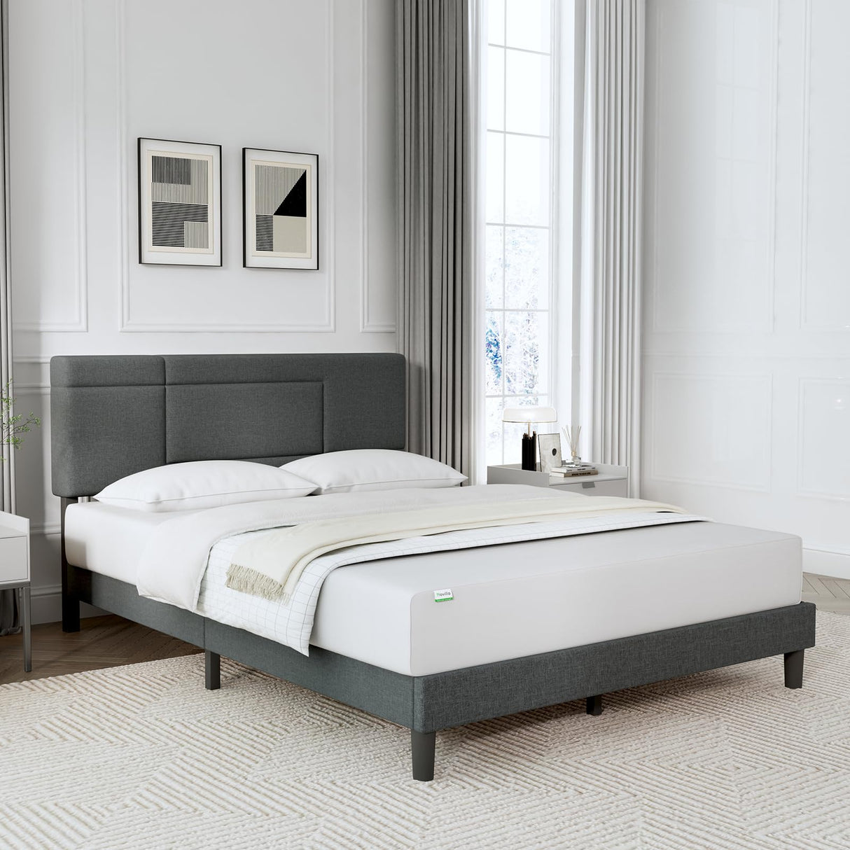 Queen Bed Frame with Headboard, Linen Upholstered Bed Frame Queen Size,