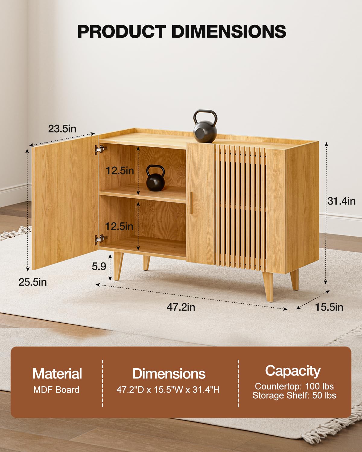 Sideboard Buffet Cabinet, Modern Storage Cabinet with Slatted Door, Kitchen Buffets