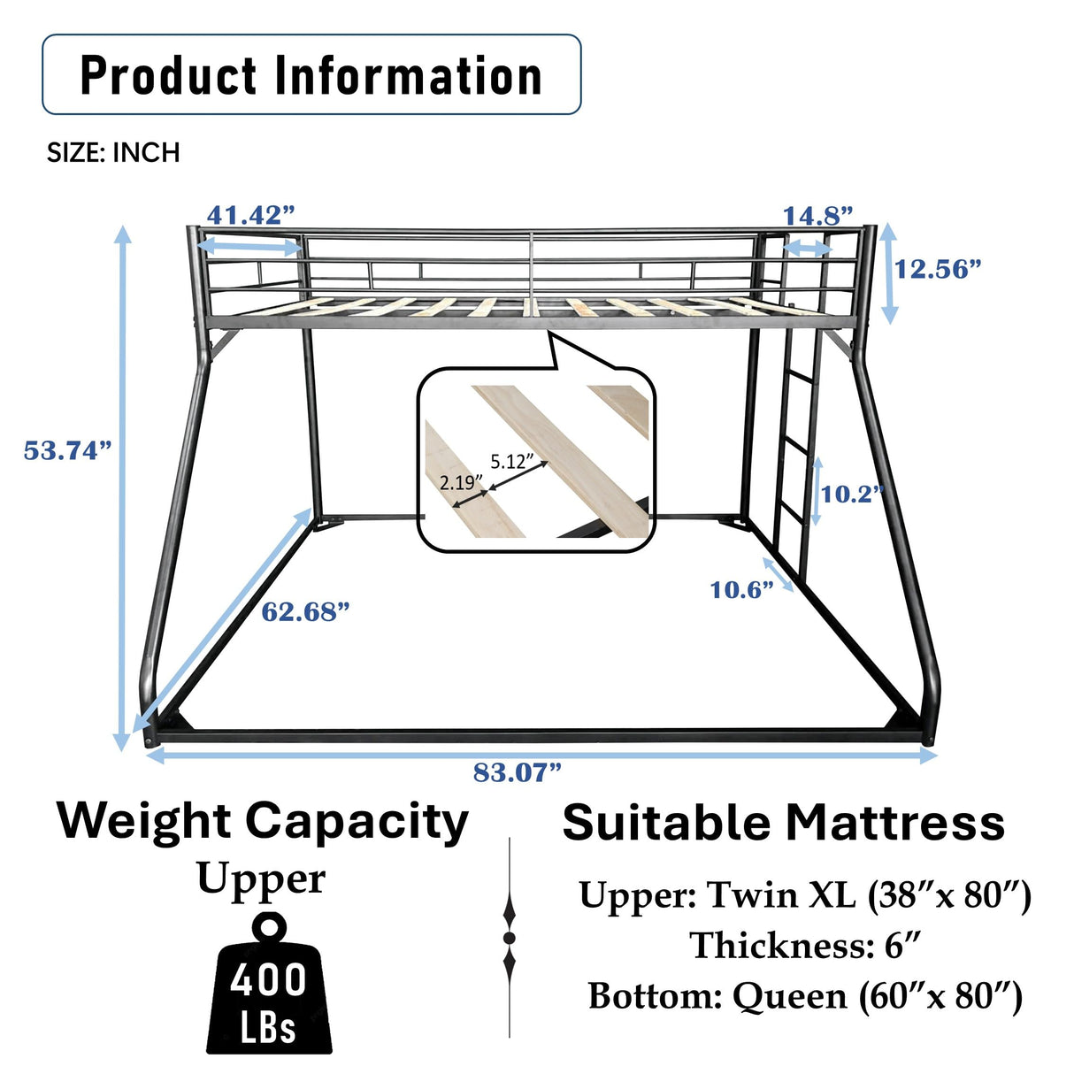 Twin Over Queen Bunk Bed w/Ladder and Safety Guardrail for Kids Teens Adults,Heavy-Duty Sturdy Bunk Bed,No Box Spring Needed,Black