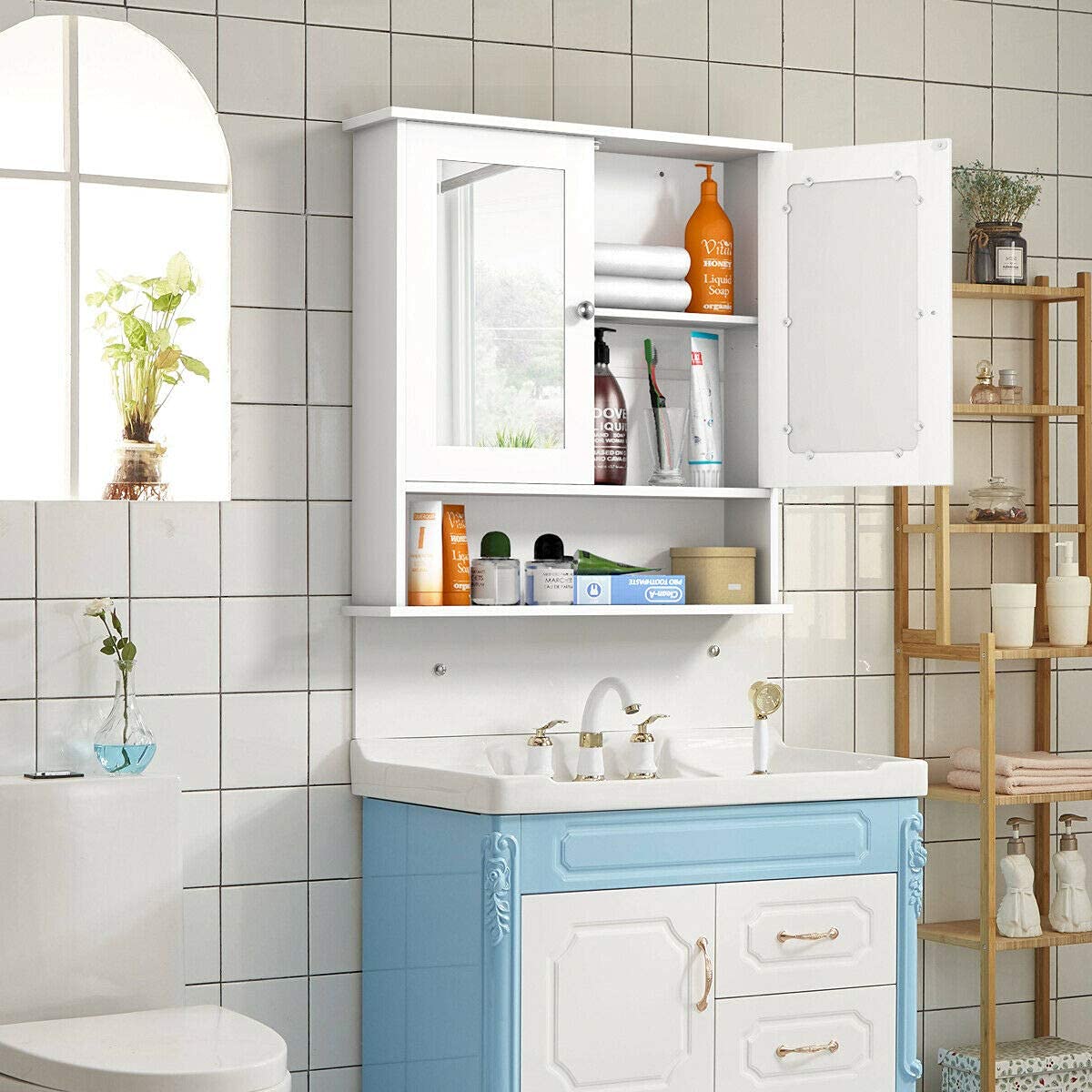 Wall Mounted Bathroom Cabinet w/2 Mirrored Doors, Over-Toilet Hanging Cabinet
