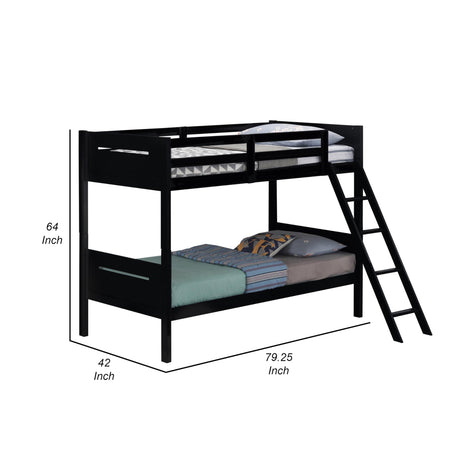 Benjara Amey Wood Twin Bunk Bed with Angled Ladder, Guardrail, Slat Kit, Black