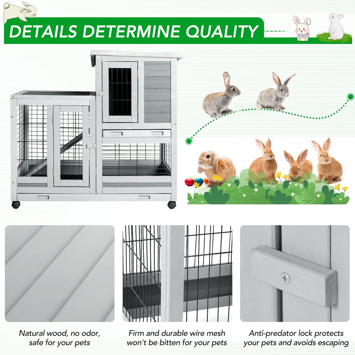 Rabbit Hutch with 2 Deeper No Leak Trays & 4 Casters, 37 Inch Rabbit Cage Pet House