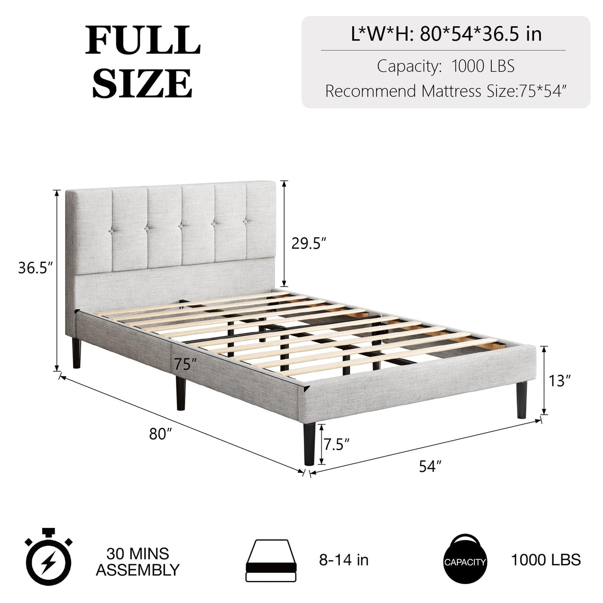 Full Size Bed Frame, Platform Beds with Upholstered Headboard, Mattress Foundation with Wooden Slats Support,