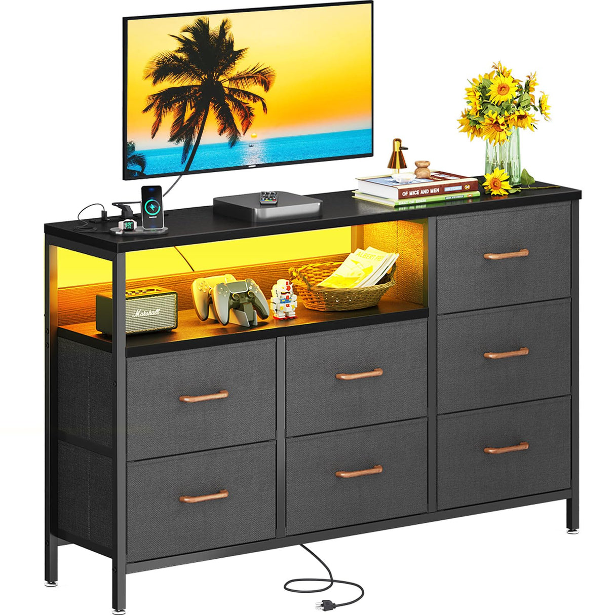 AODK TV Stand with LED Lights and Power Outlet, Long TV Stands for Living Room with 7 Large Storage Drawers and Shelves, Fabric TV Stand with Sturdy Frame and Wooden Top, Black