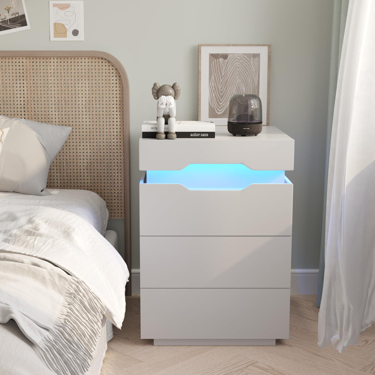 Nightstand with LED Light and Charging Station, Endtable with 3 Drawers