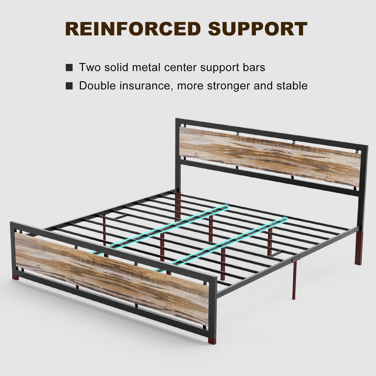 King Size Bed Frame with Wooden Headboard Footboard, Farmhouse Metal King