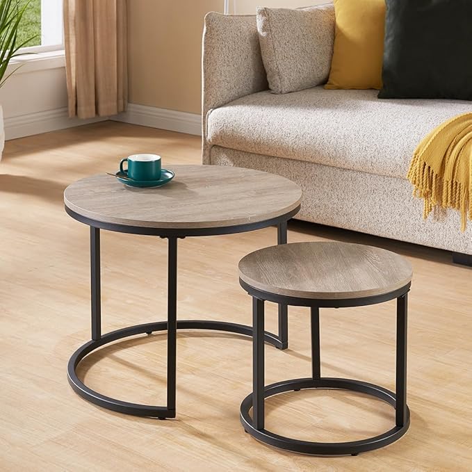 23.6-Inch Concrete Round Nesting Coffee Table for Living Room, Modern Industrial Style