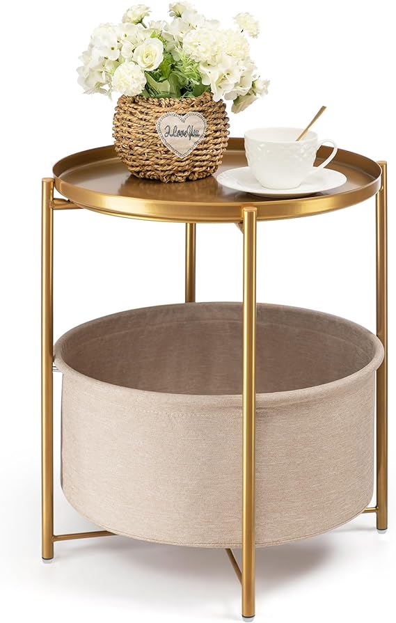 Round Side Table with Fabric Storage Basket