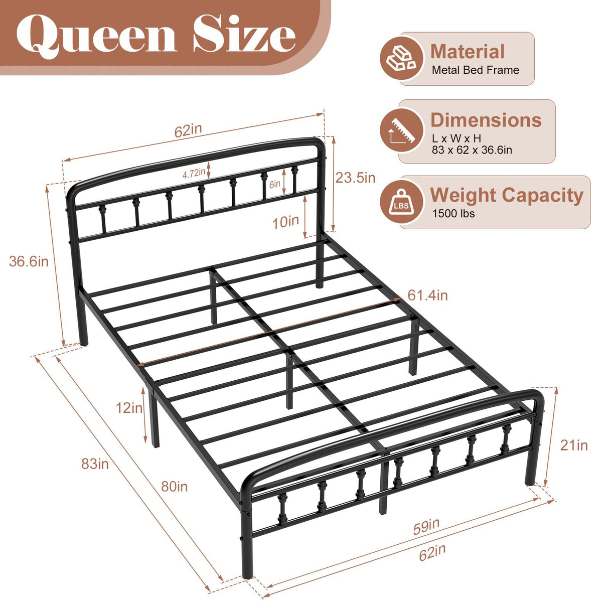 Queen Platform Bed Frame with Headboard - Heavy Duty Metal Bed Frame