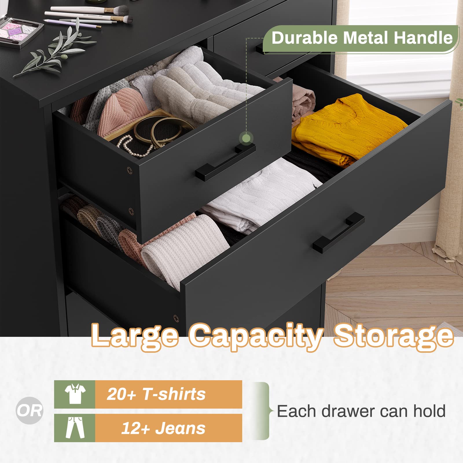 Black Dresser for Bedroom, Tall 7 Drawer Dresser with Sturdy Base
