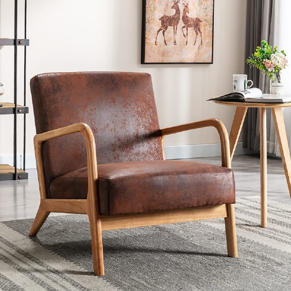 Classic Mid Century Modern Accent Chairs for Living Room or Bedroom, Espresso Finish Open-Framed Armchair with Plush Cushioning Microfiber Upholstery, Brown