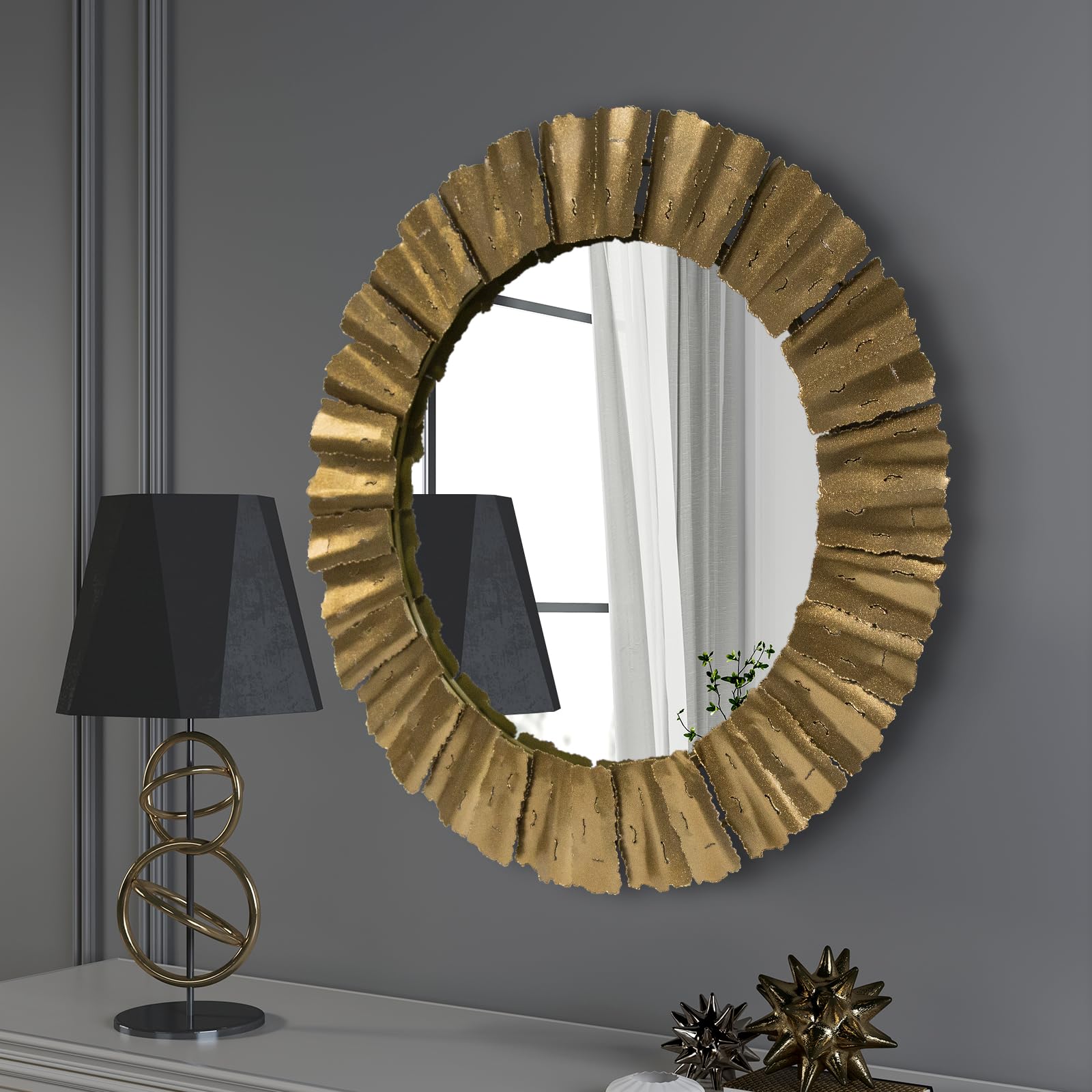 Decorative Mirrors, 30IN Handcrafted Wall Mounted Mirrors Decor, Gold Round HD Wall