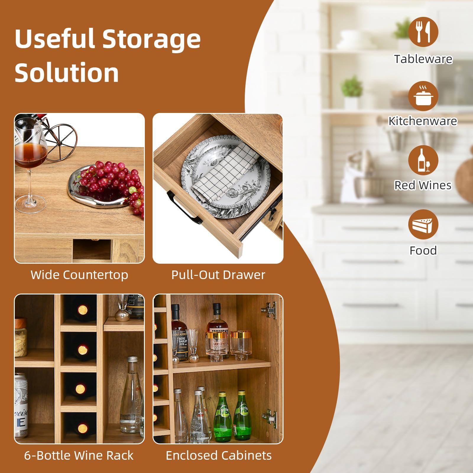 Buffet Cabinet with Storage, Liquor Cabinet with 6-Bottle Wine Rack