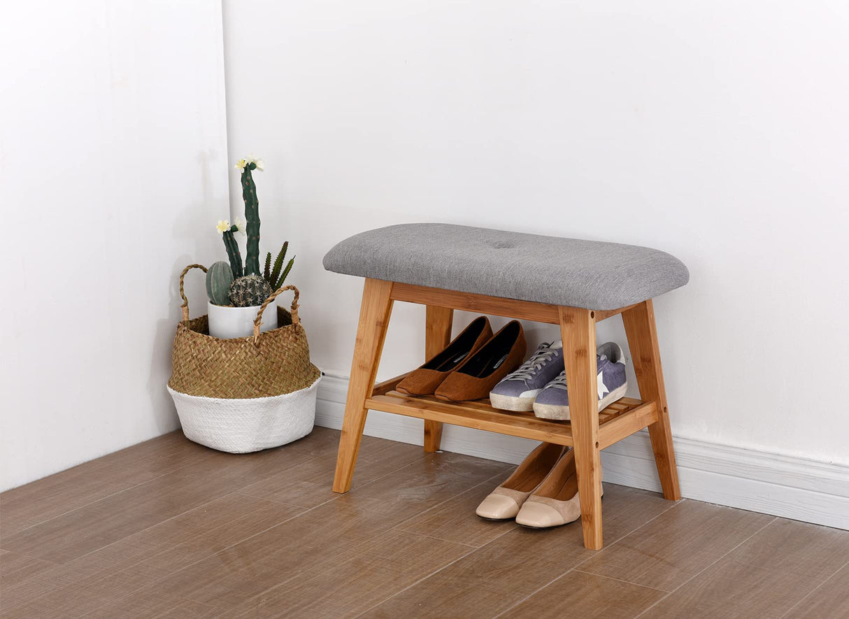 Shoe Rack Bench, Bamboo Entryway Bench, Organizer with 2 Tier Storage, Simple Style