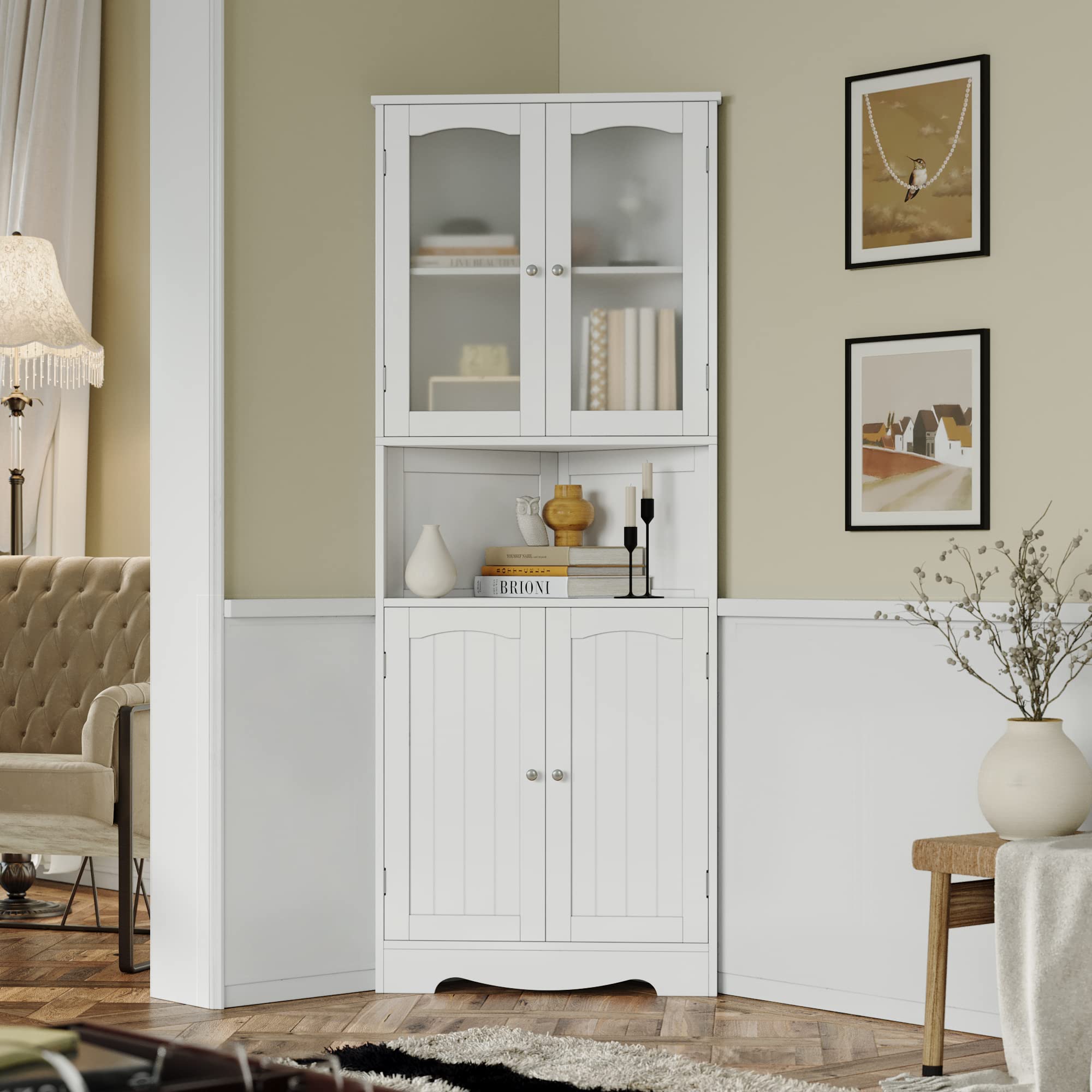 63.2" Tall Bathroom Corner Cabinet, Modern Storage Cabinet with Glass Doors