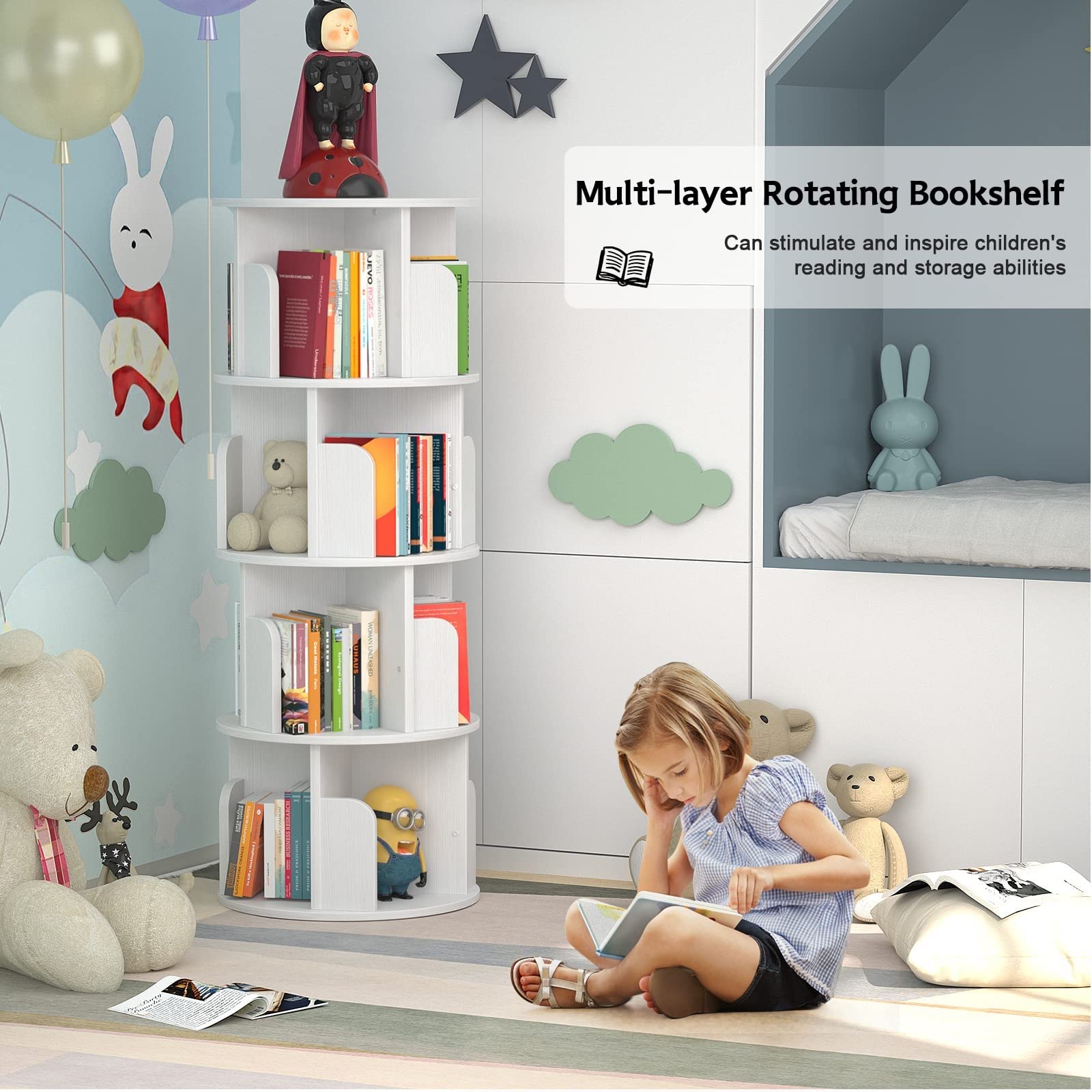 360° Children's Rotate Bookcase, White Round Floor Bookshelf, Cultivate Children