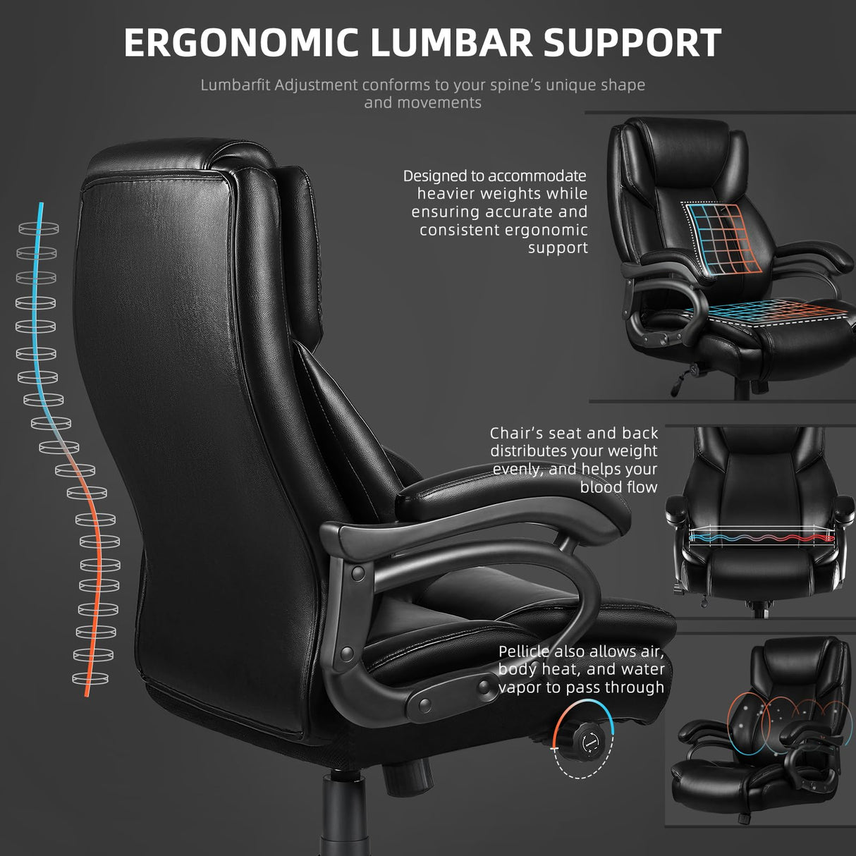 500lbs Heavy Duty Office Chair for Low Back Pain Relief, Big and Tall Office Chair with Ergonomic Lumbar Support