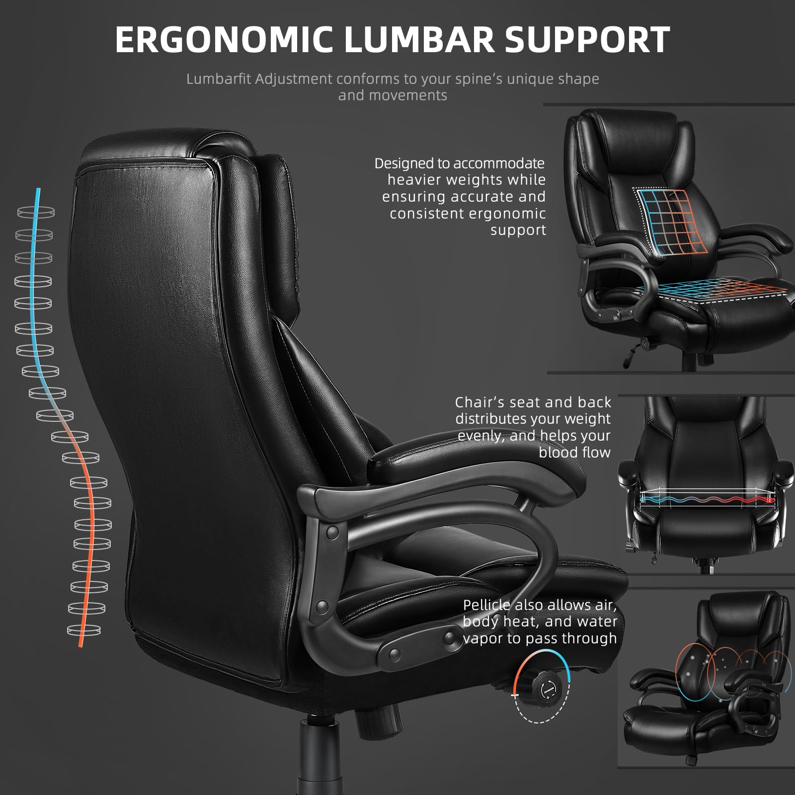 500lbs Heavy Duty Office Chair for Low Back Pain Relief, Big and Tall Office Chair with Ergonomic Lumbar Support