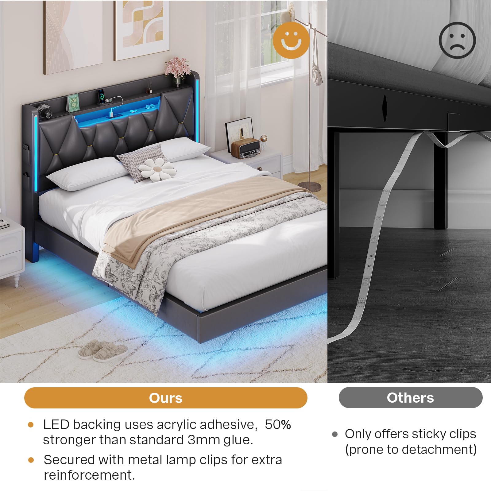 Floating Queen Bed Frame with LED Lights & Storage Headboard