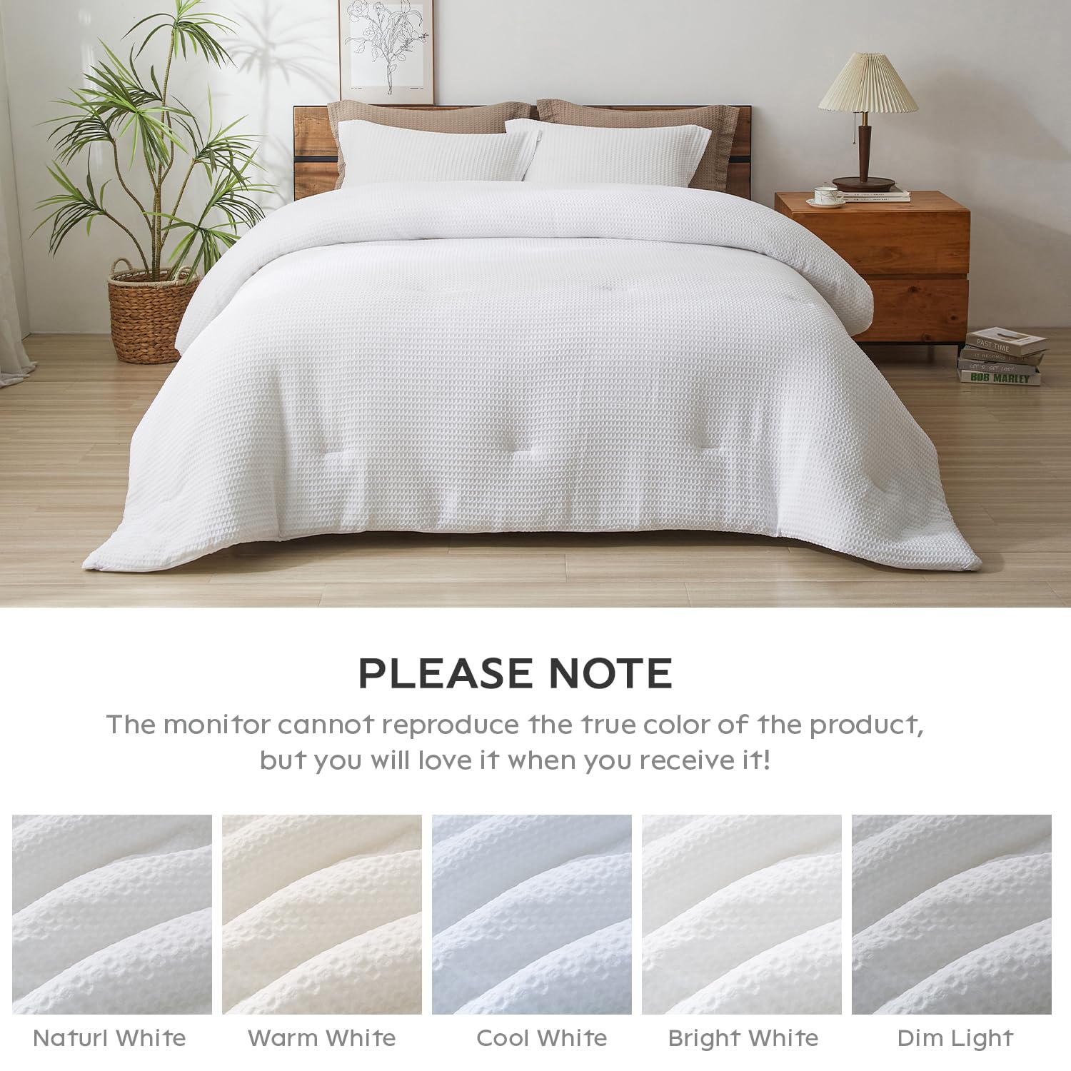 Waffle Comforter Set Queen Size, White Soft Bedding Set for All Season