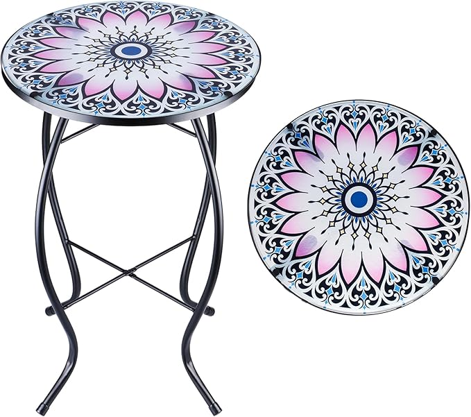 Outdoor Side Table - 14’’ Blue and Transparency Leaf Glass Accent Round EndTable